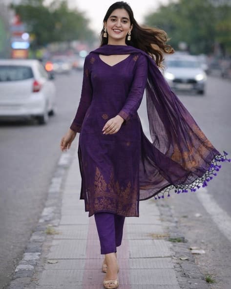 Indie Picks Women Floral Woven Cotton Silk Straight Kurta & Pants
