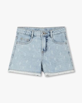 Girls Denim Shorts with Scratches and Rhinestones-image-8