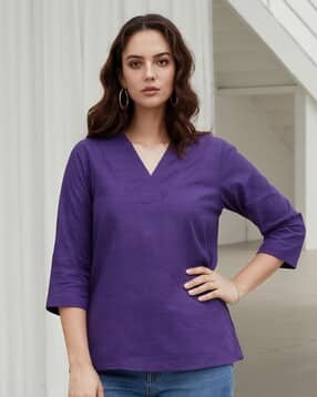 Women Relaxed Fit V-Neck Linen Top-image-24