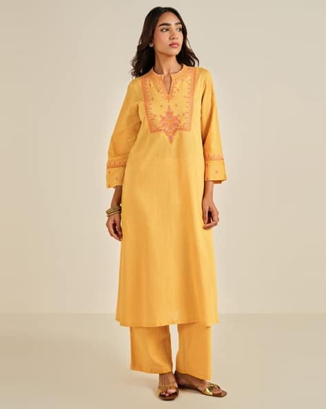 Global Desi Women Embroidered Straight Kurta Set