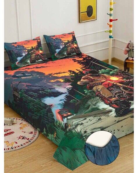 KLOTTHE Graphic Print King-Size Bedsheet with Pillow Covers