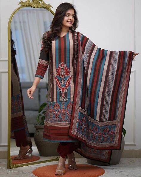 Indie Picks Floral Print Straight Kurta with Pants & Dupatta