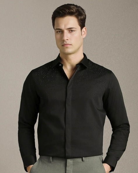 LOUIS PHILIPPE Men Embellished Slim Fit with Spread Collar