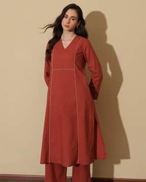 pink fort Women V-Neck Stright Pant-Suit Set-picture-42