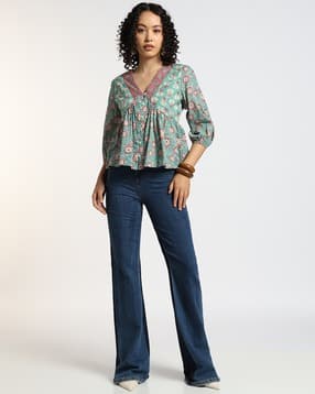 svrnaa by azorte Floral Printed Fit & Flare Top with Lace Detail-picture-19