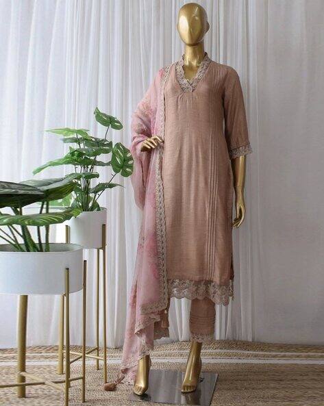 Acai Women Embroidered Straight Kurta Suit Set
