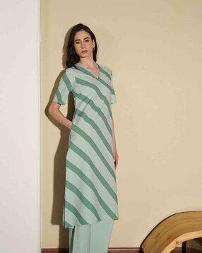 pink fort Women Striped Cotton Kurta & Trousers Set-picture-0