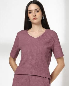 fig Women Waffle-Knit Regular Fit V-Neck T-Shirt-picture-41