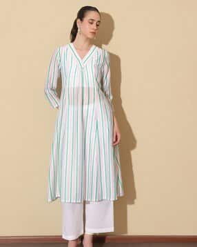 pink fort Women Striped Chanderi V-Neck Kurta & Trousers Set-picture-37