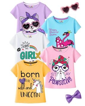 kuchipoo Girls Pack of 5 Graphic Print Crew-Neck Relaxed Fit T-Shirts-picture-19