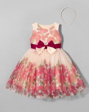 Girls Floral Print Fit & Flare Dress with Bow Applique & Headband-image-48
