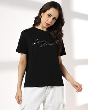 dnmx Women Typographic Print Boxy Fit Crew-Neck T-Shirt-picture-39