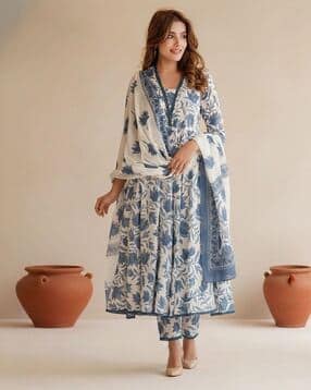 Women Floral Print Anarkali Kurta with Pants & Dupatta-image-46