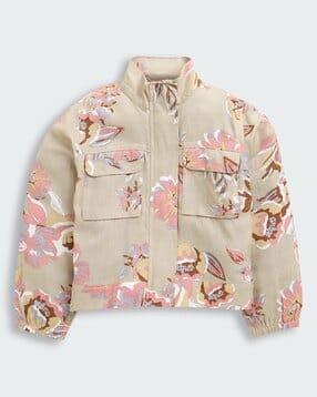 tiny girl Girls Floral Print Biker Jacket with Patch Pockets-picture-35
