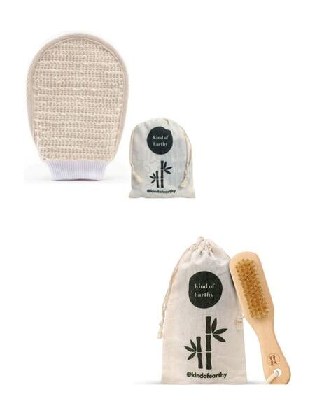 KIND OF EARTHY Exfoliating Bath Gloves Loofah and Dual-Sided Wooden Handle Pumice Stone & Foot Brush