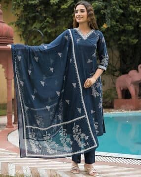 fabnex Women Floral Print Straight Kurta with Pants & Dupatta-picture-10