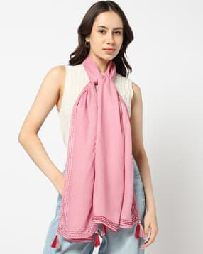yousta Women Embroidered Scarf with Tassels-picture-38