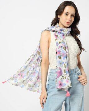 yousta Women Floral Print Scarf with Tassels-picture-31