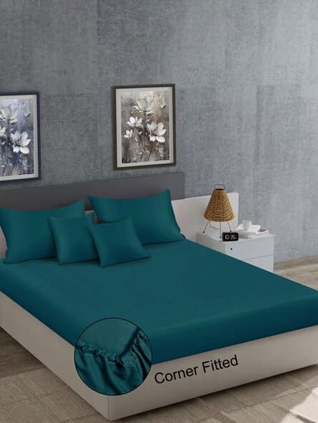 KLOTTHE  Satin Fitted Bedsheet with 2 Pillow Covers and 2 Cushion Covers