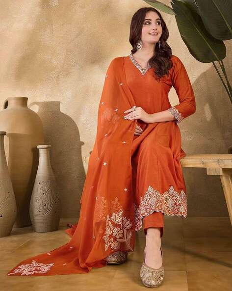 Acai Women Embroidered A-line Kurta Set with Dupatta
