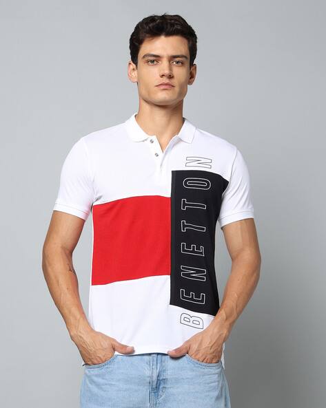 UNITED COLORS OF BENETTON Men Vertical Brand Print Regular Fit Cotton Polo T-Shirt