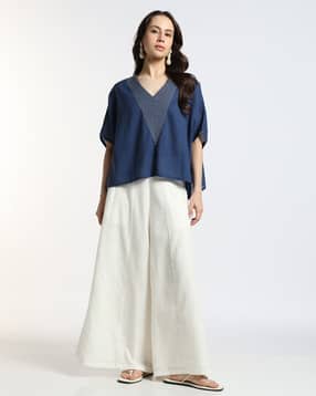 svrnaa by azorte Solid Cotton Dobby Kaftan Top with Embroidery-picture-30