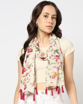 yousta Women Floral Print Scarf with Tassels-picture-31