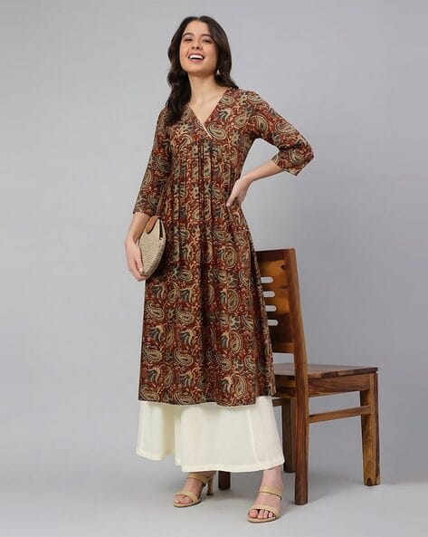 Janasya Women Cotton Paisley Printed A-Line Kurta