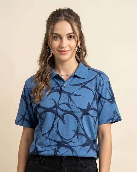 Buda Jeans Co Women Printed Relaxed Fit Polo T-Shirt