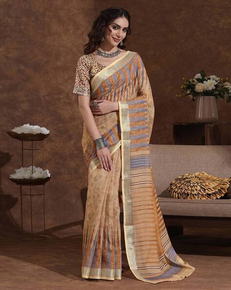 SATRANI Linen Stripes Printed Saree