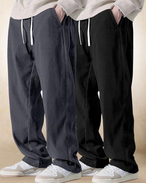 Popmantra Men Pack of 2 Ribbed Straight Fit Flat-Front Pants