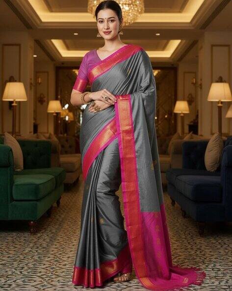 SVARAA Women Cotton Silk Kanjeevaram Saree with Tasseled Pallu