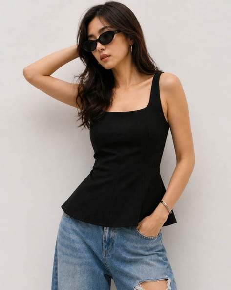 Buda Jeans Co Women Tailored Fit Square-Neck Peplum Top