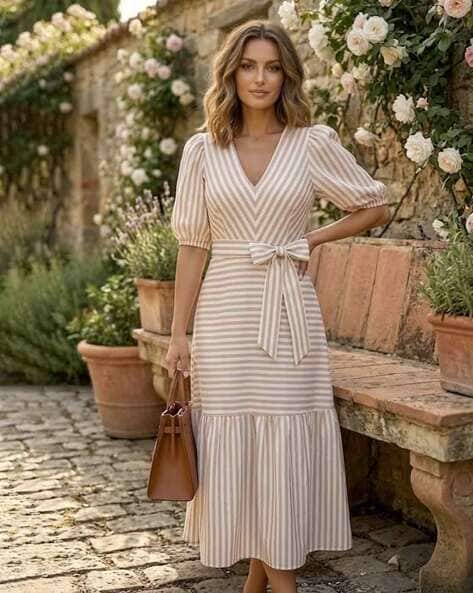 Pookiie Women Striped V-Neck Fit & Flare Dress