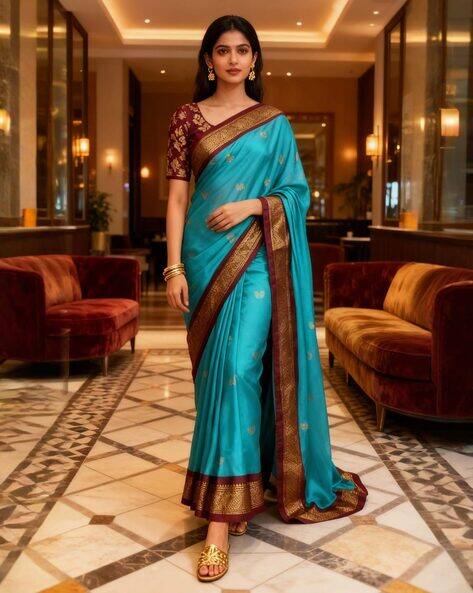 SVARAA Women Cotton Silk Kanjeevaram Saree with Contrast Border