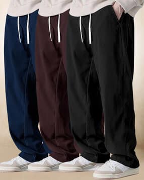 popmantra Men Pack of 3 Ribbed Straight Fit Flat-Front Pants-picture-40