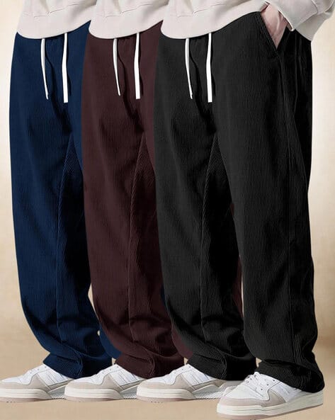 Popmantra Men Pack of 3 Ribbed Straight Fit Flat-Front Pants