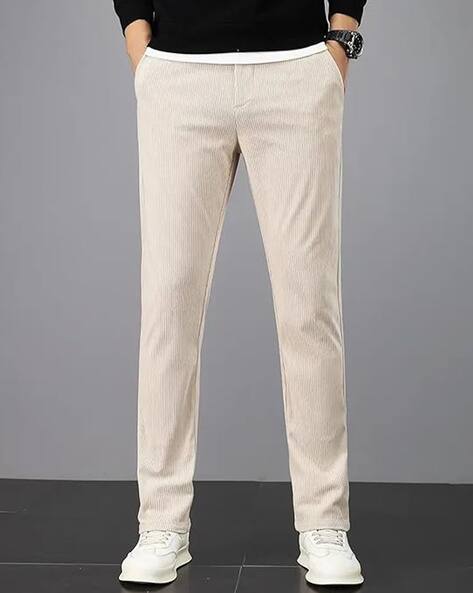 POSHAX Men Striped Relaxed Fit Flat-Front Trousers