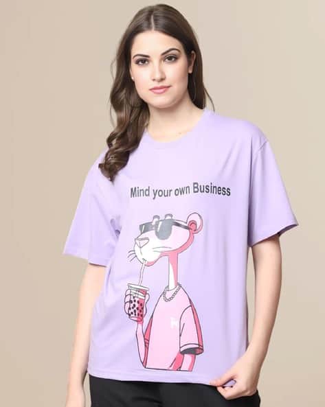 TROMKO Women Pink Panther Print Oversized Fit Crew-Neck T-Shirt