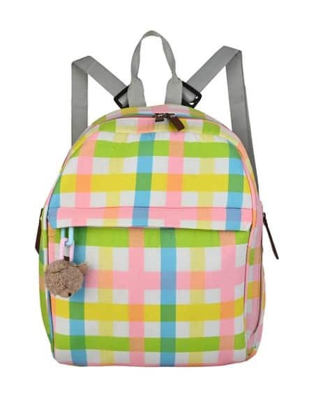 ENSAC Women Plaid Checks Backpack with Teddy Bear Charm