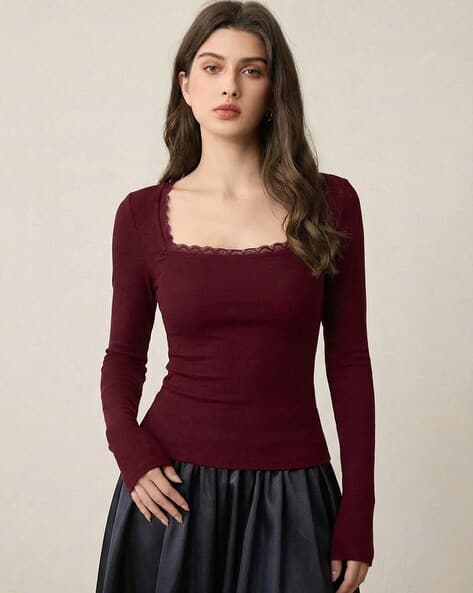 Women Ribbed Slim Fit Top with Full Sleeves