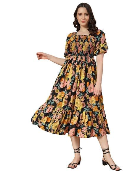 ZWERLON X AG Women Floral Print Smocked Fit & Flare Dress
