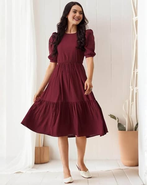 maroon fit and flare dress Libas Maroon Printed Silk Blend Fit And Flare One Piece Dress