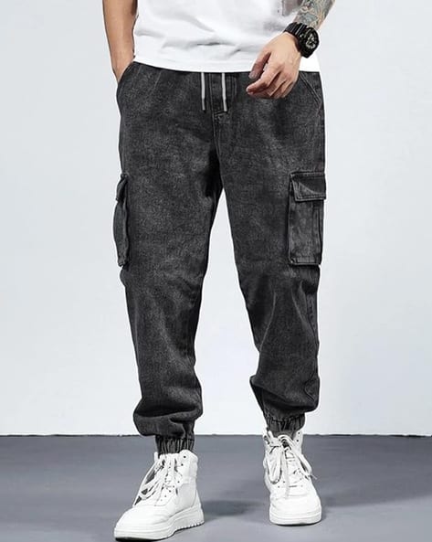 POSHAX Men Lightly Washed Relaxed Cargo Jeans