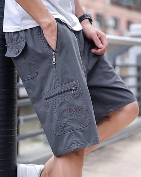 POSHAX Men Regular Fit Organic Cotton Cargo Shorts with Zipper Pockets