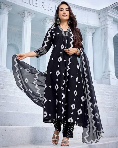 Royal Export X AG Women Ikat Print Flared Kurta & Pants with Dupatta Set
