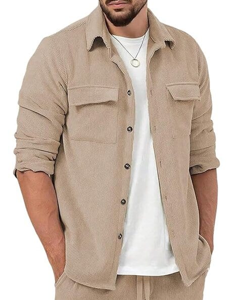 POSHAX Men Ribbed Regular Fit Shirt with Flap Pockets