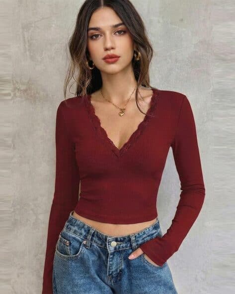 WOMENSTER Women Ribbed Slim Fit V-Neck Top
