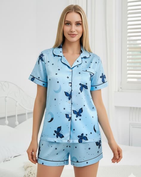 Jade & Julie Women Graphic Print Shirt & Shorts Nightwear Set