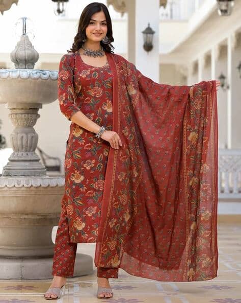 FABNEX Women Floral Print Straight Kurta with Pants & Dupatta